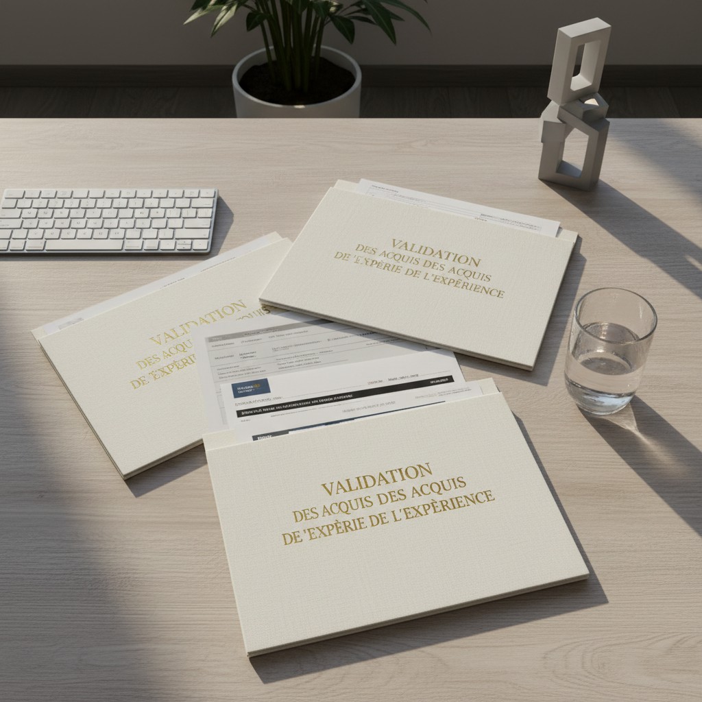 Office desk with three documents on the table labeled "validation des acquis des acquis de l'experience(Pther text in Fren...