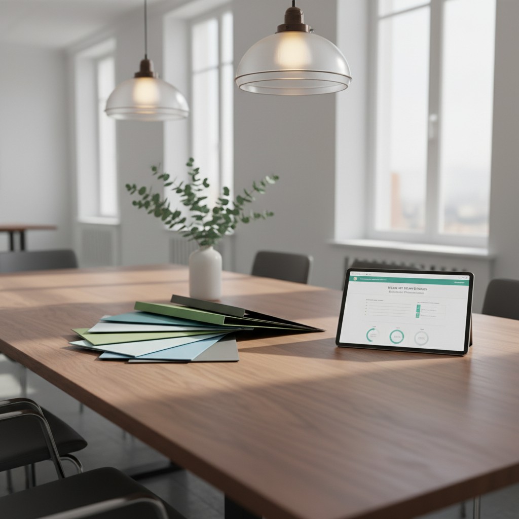 An office setting with a tablet on a table featuring a color palette, indicating a facility studying color psychology.