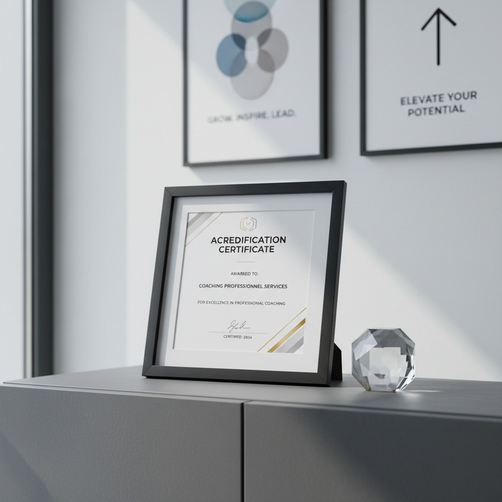 An Acredification Certificate, framed and on a stand, displayed in a grey room among motivational art and a crystal object.